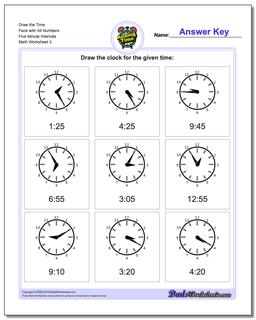 Draw the Time Face with All Numbers Five Minute Intervals Worksheet