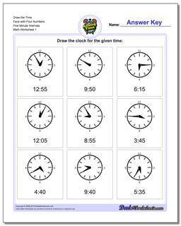 Telling Analog Time Draw the Face with Four Numbers Five Minute Intervals Worksheet
