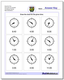 Draw the Time Face with Four Numbers Five Minute Intervals /worksheets/telling-analog-time.html Worksheet