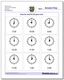 Telling Analog Time Draw the Face with Four Numbers Full Hours Worksheet