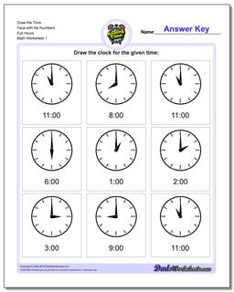 Telling Analog Time Draw the Face with No Numbers Full Hours Worksheet
