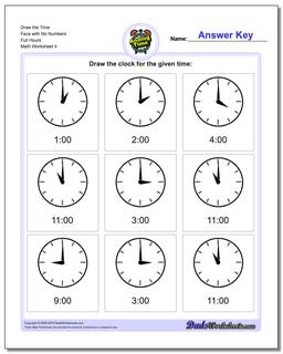 Draw the Time Face with No Numbers Full Hours Worksheet