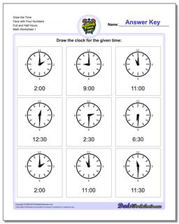 Telling Analog Time Draw the Face with Four Numbers Full and Half Hours Worksheet