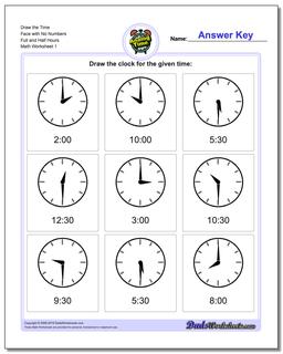 Telling Analog Time Draw the Face with No Numbers Full and Half Hours Worksheet