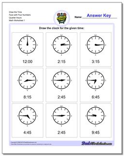 Telling Analog Time Draw the Face with Four Numbers Quarter Hours Worksheet
