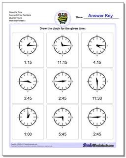 Draw the Time Face with Four Numbers Quarter Hours Worksheet