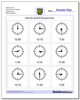 Draw the Time Face with Four Numbers Quarter Hours Worksheet