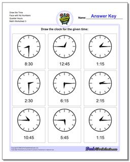 Draw the Time Face with No Numbers Quarter Hours Worksheet