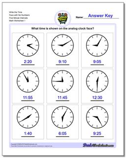 Telling Analog Time Write the Face with No Numbers Five Minute Intervals Worksheet