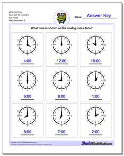 Write the Time Face with All Numbers Full Hours /worksheets/telling-analog-time.html Worksheet