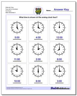 Write the Time Face with All Numbers Full Hours Worksheet