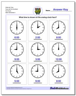 Write the Time Face with No Numbers Full Hours Worksheet
