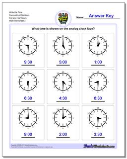 Write the Time Face with All Numbers Full and Half Hours /worksheets/telling-analog-time.html Worksheet