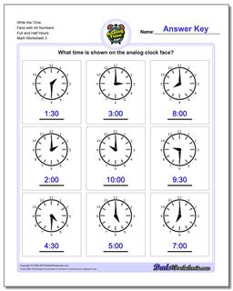 Write the Time Face with All Numbers Full and Half Hours Worksheet