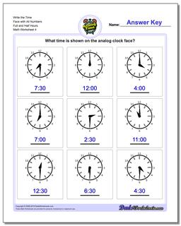 Write the Time Face with All Numbers Full and Half Hours Worksheet