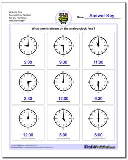 Write the Time Face with Four Numbers Full and Half Hours Worksheet
