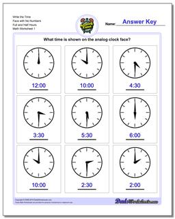 Telling Analog Time Write the Face with No Numbers Full and Half Hours Worksheet
