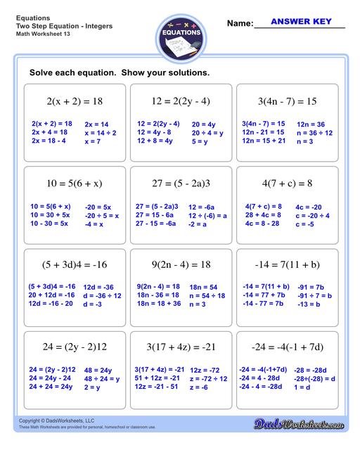 Math Worksheets Two Step Equations Two Step Equations Integers V13