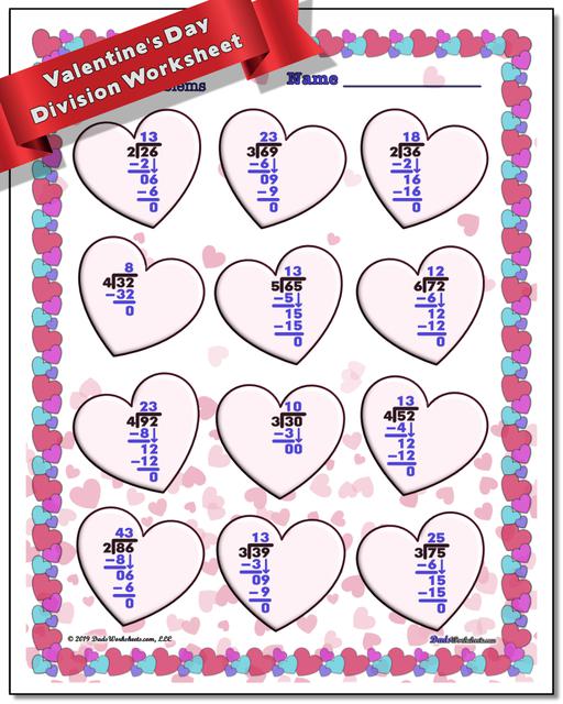 valentines day division worksheets