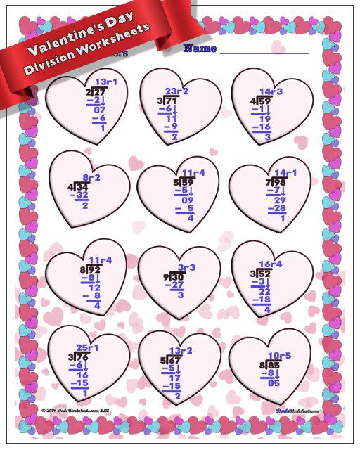 valentines day division worksheets