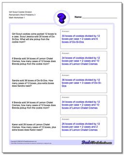 Word Problems Worksheet Girl Scout Cookie Division Worksheet Remainders 3