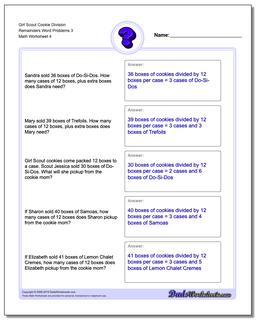 Girl Scout Cookie Division Worksheet Remainders Word Problems Worksheet 3