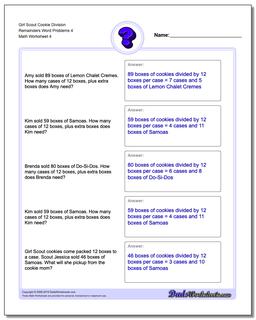 Girl Scout Cookie Division Worksheet Remainders Word Problems Worksheet 4