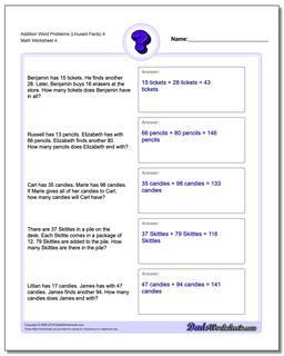 Addition Worksheet Word Problems Worksheet (Unused Facts) 4