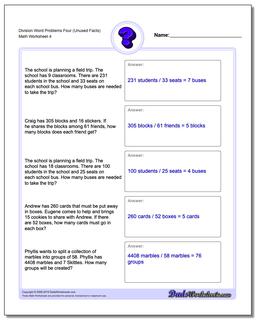 Division Worksheet Word Problems Worksheet Four (Unused Facts)