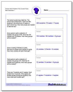 Word Problems Worksheet Division Worksheet Two (Unused Facts)