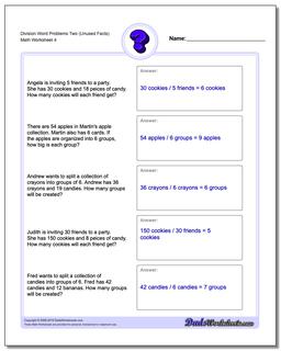 Division Worksheet Word Problems Worksheet Two (Unused Facts)