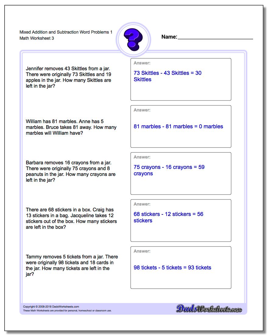 family 3 worksheet year word and Word Addition Extra Subtraction Problems Facts