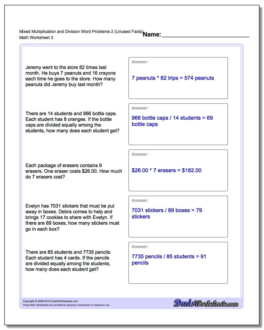 Extra Facts Multiplication and Division Word Problems