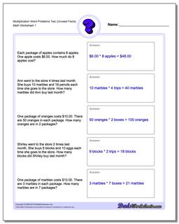 Word Problems Worksheet Multiplication Worksheet Two (Unused Facts)