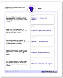 Subtraction Worksheet Word Problems Worksheet (Unused Facts) 1