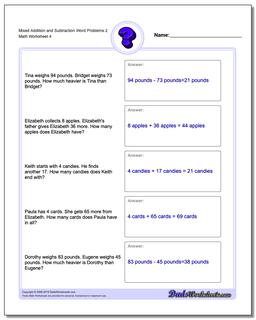 Mixed Addition Worksheet and Subtraction Worksheet Word Problems Worksheet 2